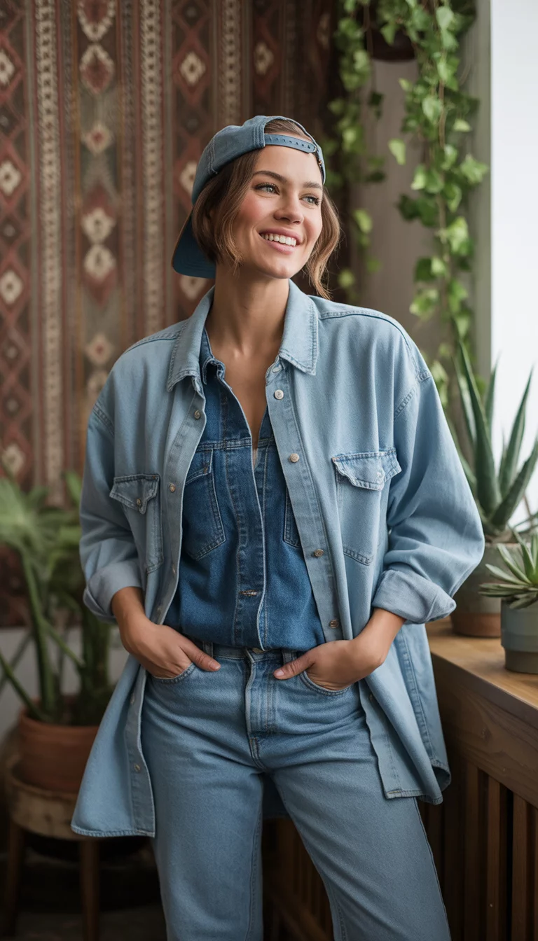 The Double Denim Weekend Vibe A beautiful 24-year-old woman in an oversized denim shirt over a denim vest and blue jeans, wearing a baseball cap backwards, indoors with a patterned carpet.