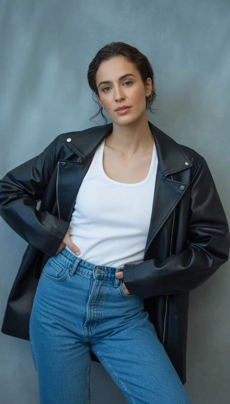 Iconic Ninety Style Fusion A beautiful 30-year-old woman in a black leather jacket, white tank top, and high-waisted blue jeans, posing against a grey background.