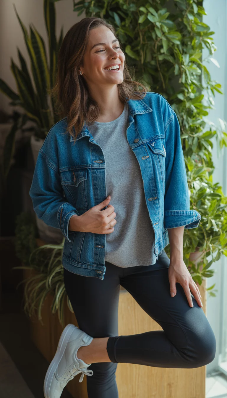 Denim Jackets and Sporty Staples A beautiful 25-year-old woman in a blue denim jacket, grey t-shirt, black leggings, and fashionable white sneakers, smiling in an indoor setting with plants.