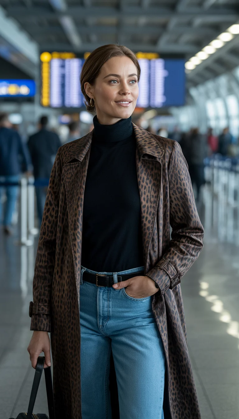 The Statement Leopard Trench A beautiful 37-year-old woman in a black turtleneck, light blue jeans, and a long leopard print trench coat, smiling in an airport.