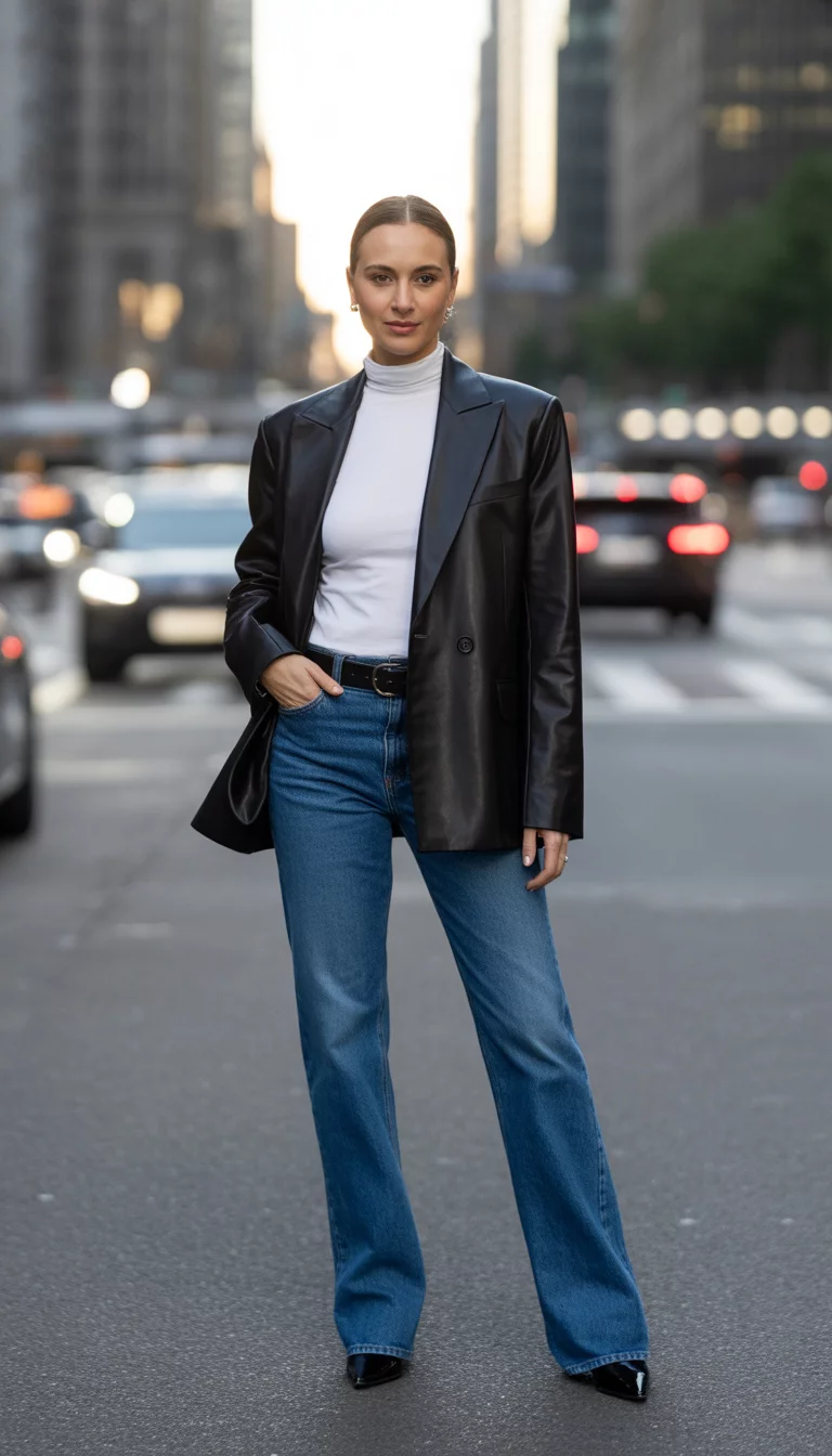 Structured Leather and Straight Leg Denim A beautiful 30-year-old woman in a black leather blazer over a white turtleneck and straight-leg blue jeans, with a black belt and black boots.