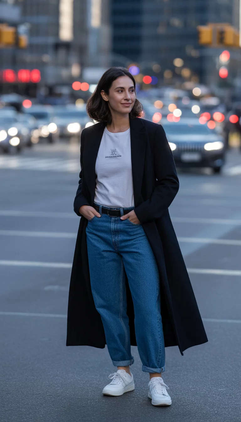 The Long Coat and Baggy Denim Duo A beautiful 27-year-old woman in a long black coat, white graphic tee, baggy blue jeans, and white sneakers, standing outdoors in a city setting.