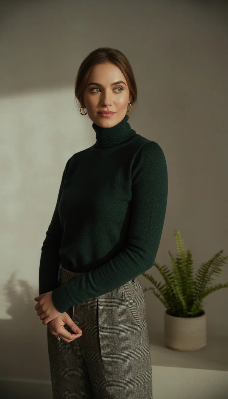 Cozy Turtlenecks and Plaid Trousers A beautiful 28-year-old woman in a dark green turtleneck paired with grey plaid trousers, standing against a neutral backdrop.