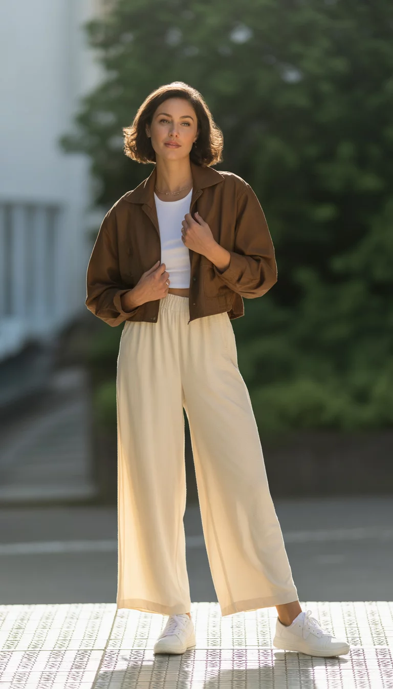 A beautiful 27-year-old woman in a brown cropped jacket, white t-shirt, and wide-leg cream pants, wearing white sneakers, she stands on a patterned tiled step.