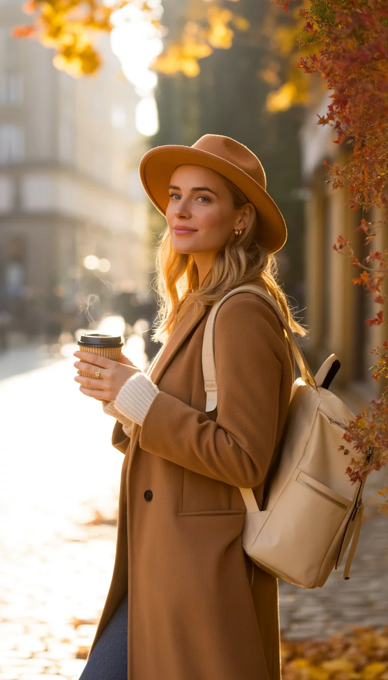 A beautiful 32-year-old woman in a camel coat, white sweater, tan hat, and white backpack, she smiles while holding a coffee in autumnal sunlight.