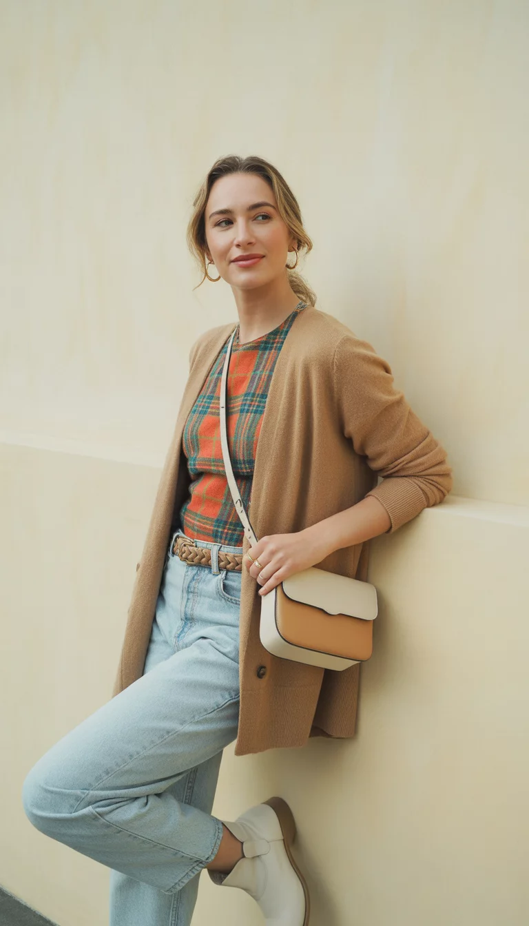 A beautiful 31-year-old woman in a tan cardigan, plaid top, light jeans, braided belt, white booties, hoop earrings, and a tricolor crossbody bag, she poses against a neutral wall.