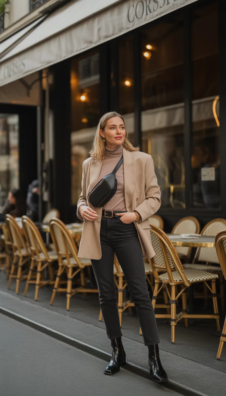A beautiful 37-year-old woman in a beige blazer, light brown turtleneck, black jeans, black square-toe boots, and a black belt bag, she stands outside a cafe.