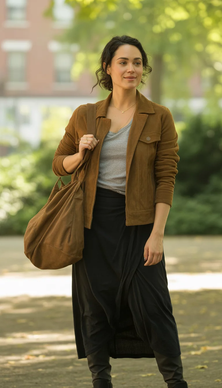 A beautiful 36-year-old woman in a brown suede jacket, grey t-shirt, black wrap skirt, black boots, and a large brown suede bag, she poses outdoors.