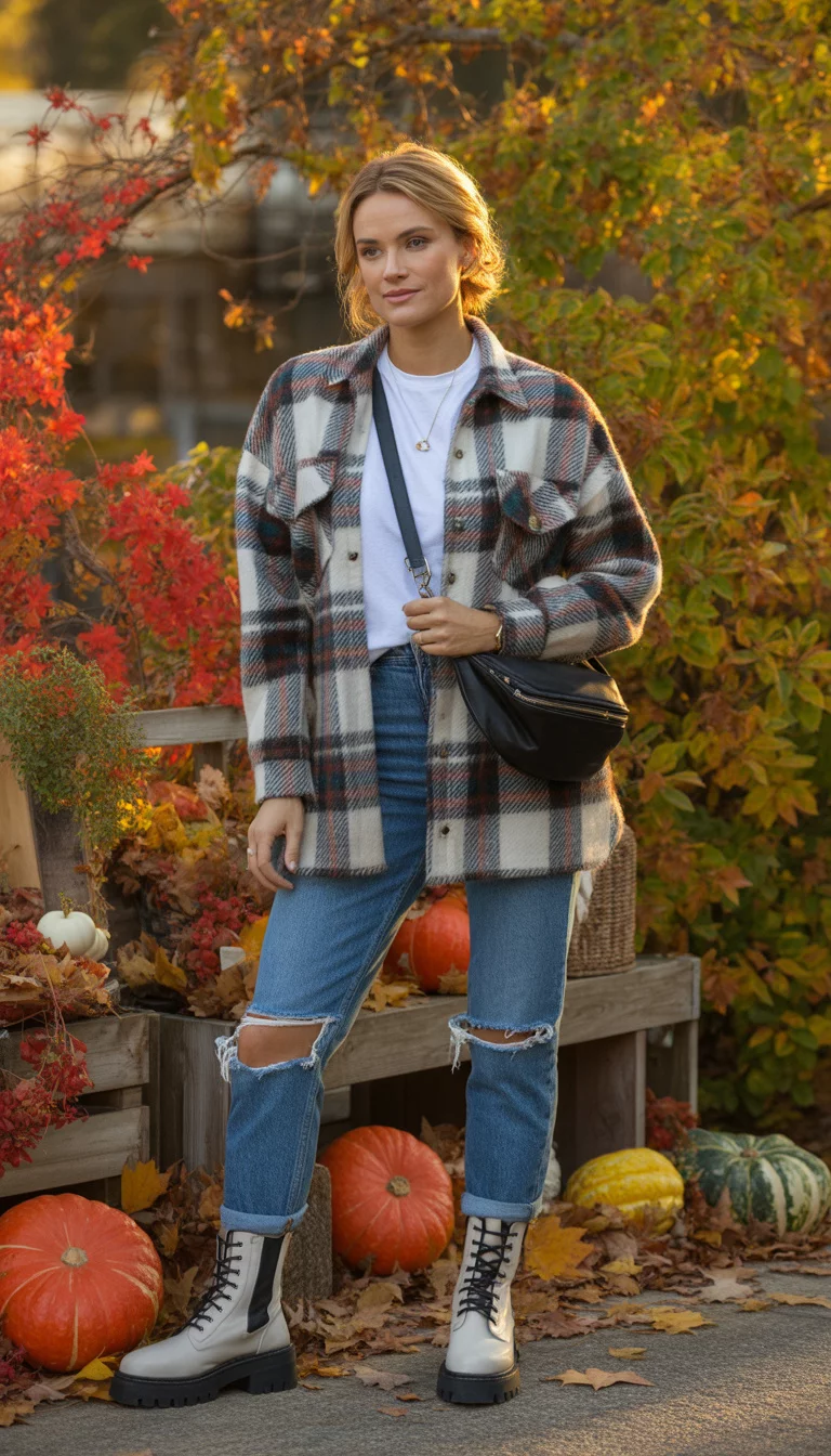 A beautiful 30-year-old woman in a plaid shacket, white tee, ripped blue jeans, and white combat boots, she holds a crossbody bag and stands amidst fall decorations.