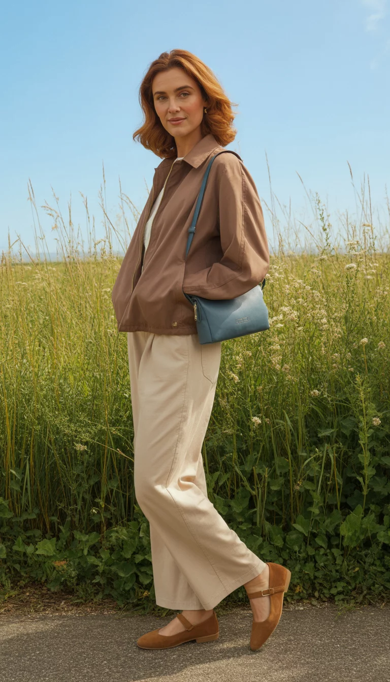 A beautiful 30-year-old woman in a brown zip-front jacket, beige wide-leg pants, brown Mary Jane flats, and a small blue handbag, she poses outdoors.