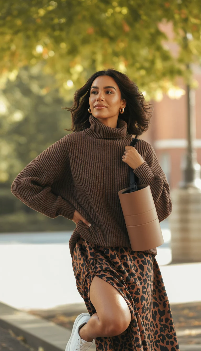 A beautiful 25-year-old woman in a brown chunky ribbed turtleneck sweater, animal-print skirt with a thigh slit, white sneakers, and a cylindrical brown bag, she poses outdoors.