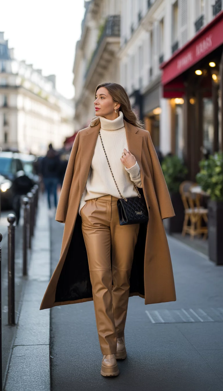 A beautiful 38-year-old woman in a cream turtleneck sweater, camel leather pants, beige platform shoes, and a camel overcoat, she carries a black quilted bag in Paris.