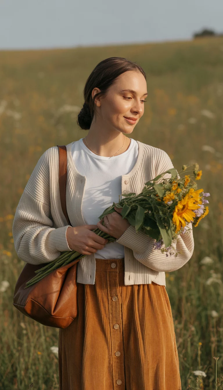 A beautiful 28-year-old woman in a cream ribbed sweater, brown corduroy button-front skirt, and a brown top-handle bag, she holds a bouquet of flowers.