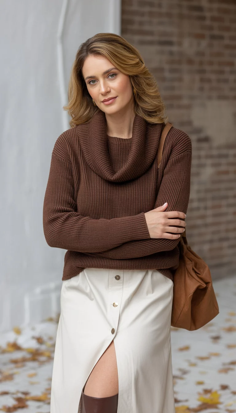 A beautiful 33-year-old woman in a chunky knit brown cowl neck sweater, white button-front skirt with a slit, brown knee-high boots, and a brown satchel, she poses against a wall.