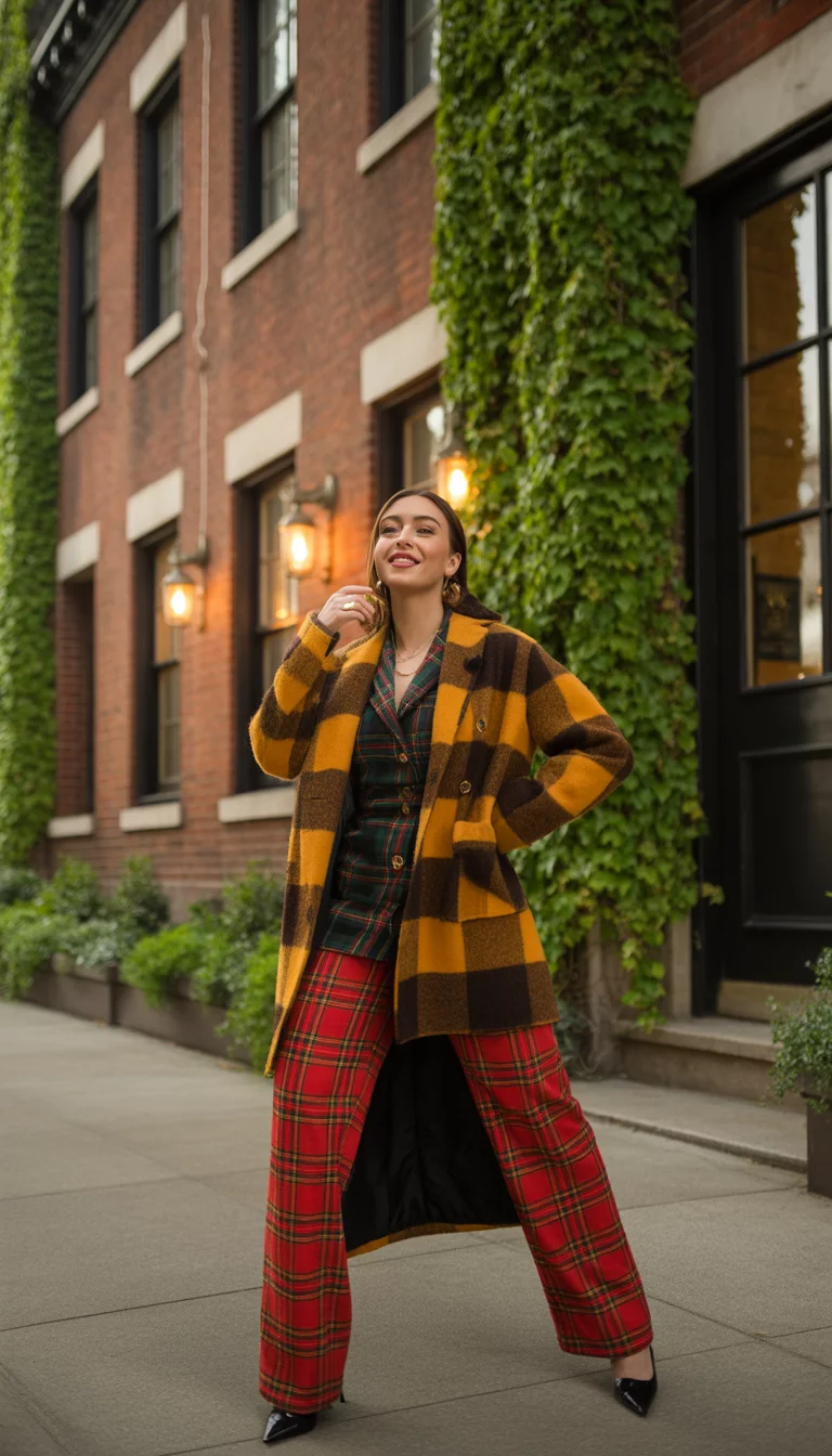 A beautiful 31-year-old woman in a yellow and brown plaid jacket, layered plaid dress, red plaid pants, and black heels, she stands outside a building.