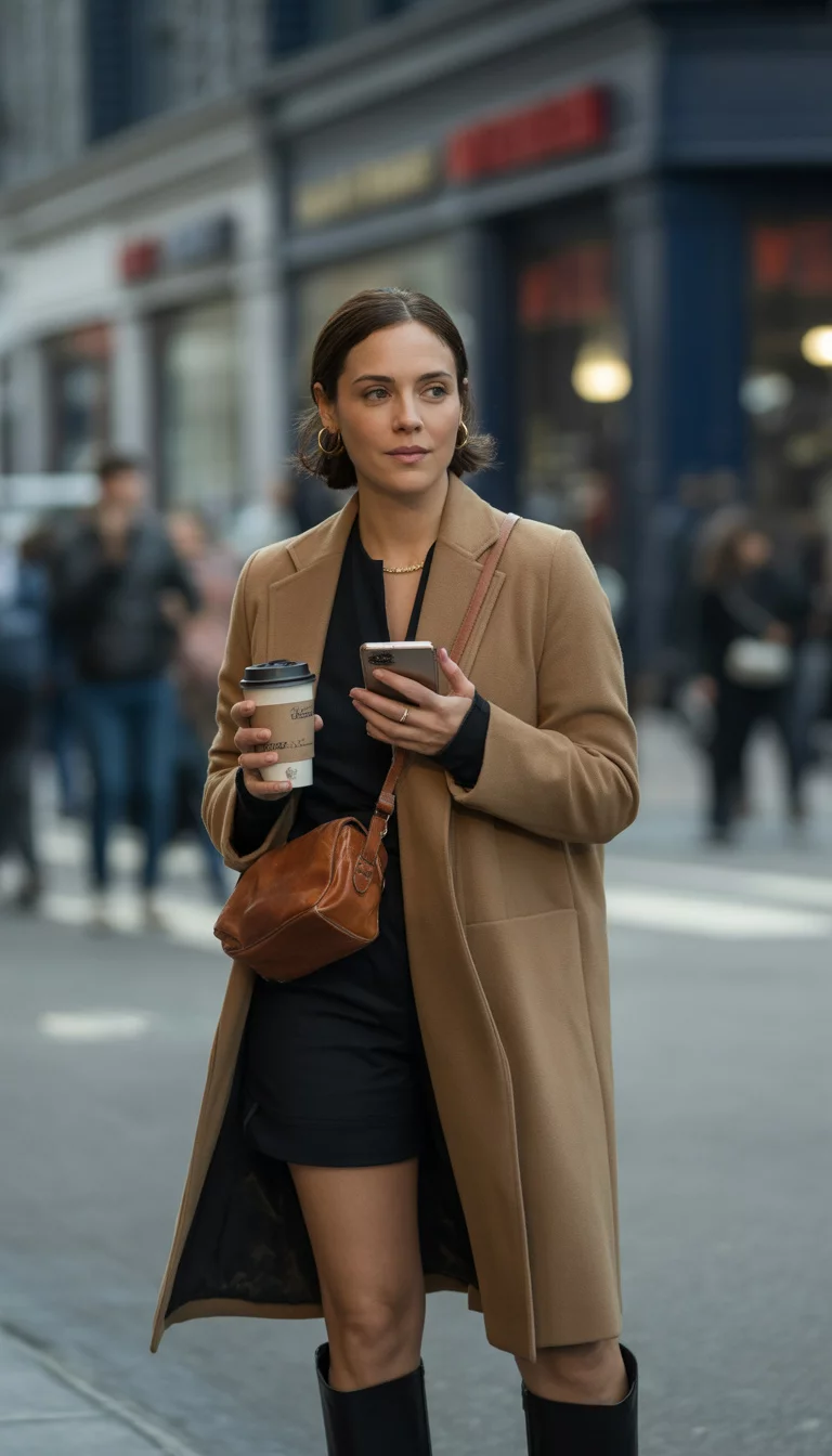 A beautiful 35-year-old woman in an oversized camel coat, black shorts, knee-high black boots, and a small brown bag, she holds a coffee and phone on a city street.