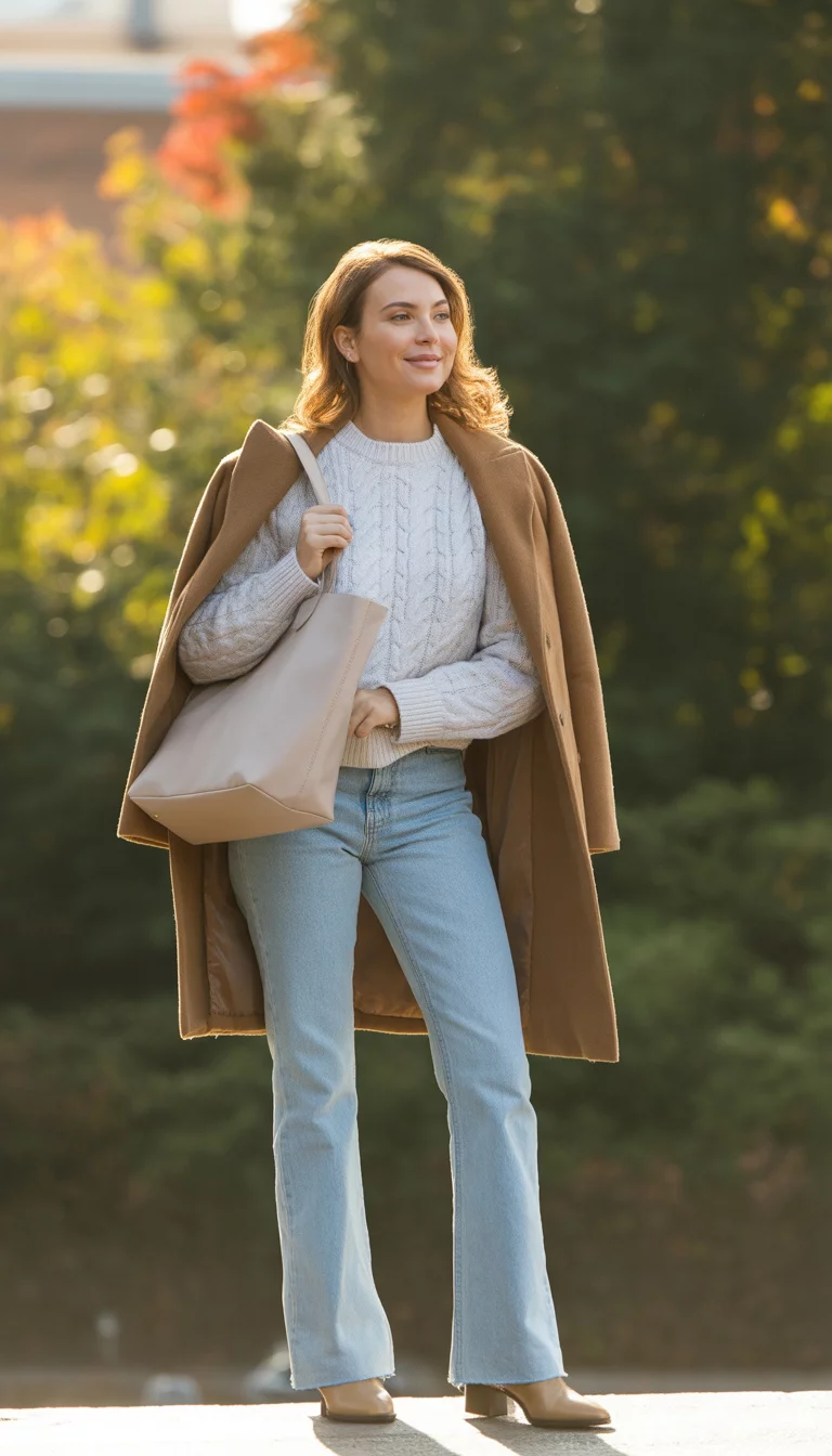 A beautiful 34-year-old woman in a light cable-knit sweater, light wash flared jeans, tan coat, and beige ankle boots, she carries a light-colored bag.