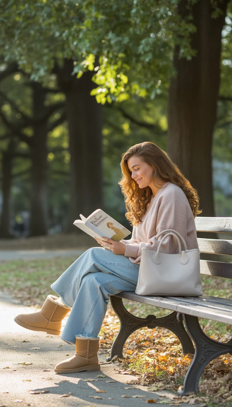 A beautiful 22-year-old woman in a pink oversized sweater, light blue jeans, Ugg boots, and a white handbag, she sits on a park bench reading a book.