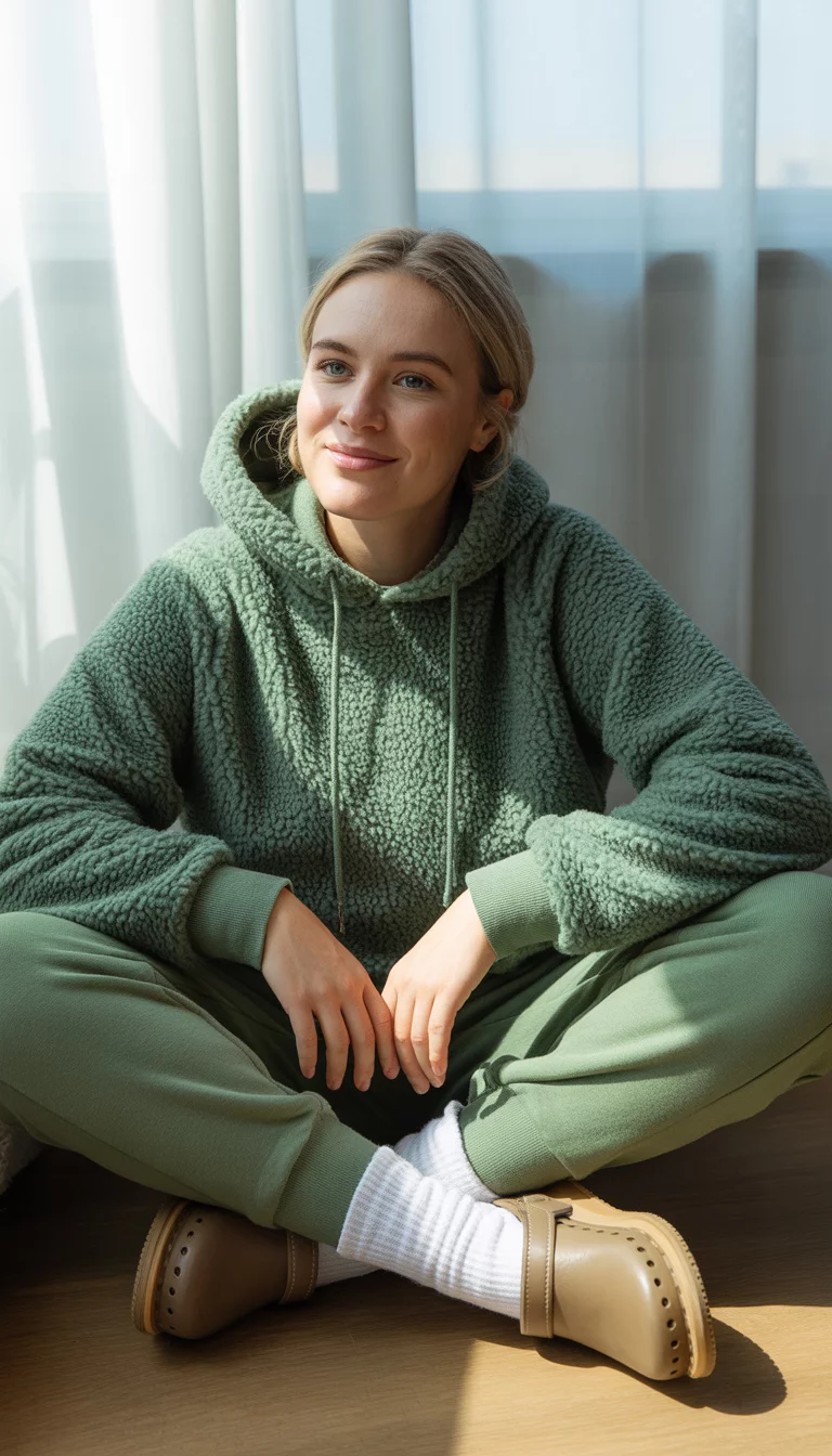 A beautiful 23-year-old woman in a green sherpa hoodie, matching green joggers, and tan clogs with white socks, she sits on a light wooden floor in a relaxed pose.