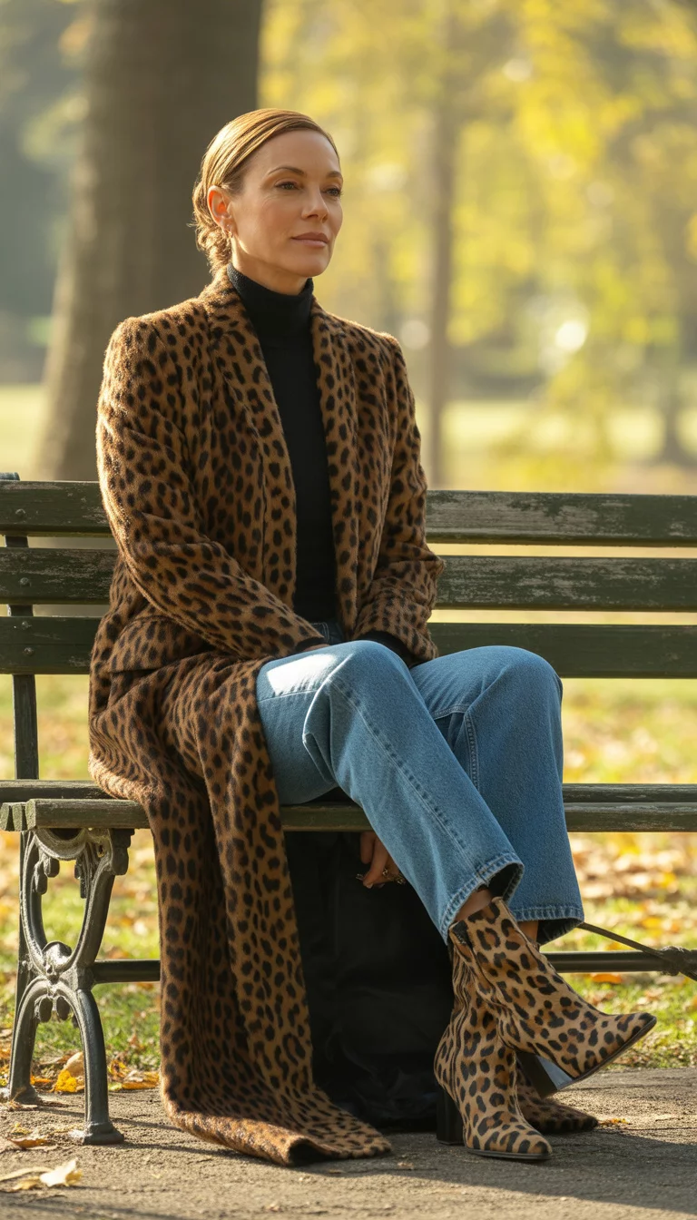 A beautiful 39-year-old woman in a long leopard-print coat, black turtleneck, loose-fitting blue jeans, and leopard print boots, she sits on a park bench.