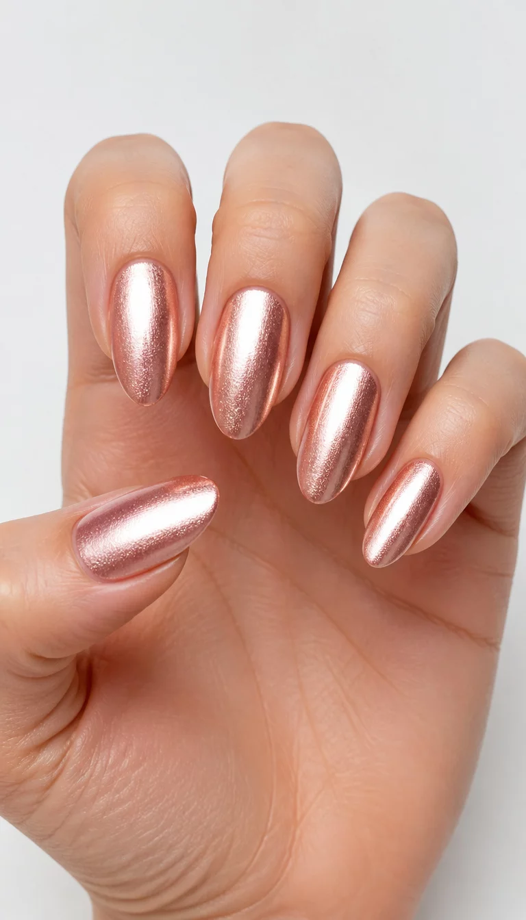 close-up shot of a woman’s hand with five fingers showing almond nails with a metallic shimmering rose-gold polish, plain white surface background.