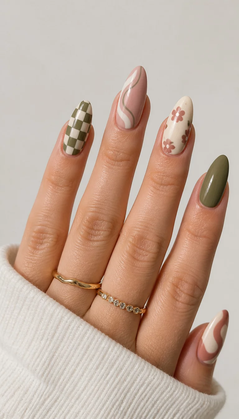 close-up shot of a woman’s hand with five fingers showing almond press-on nails with various trendy designs including checkerboard, abstract swirls, and floral accents, clean minimalist background.