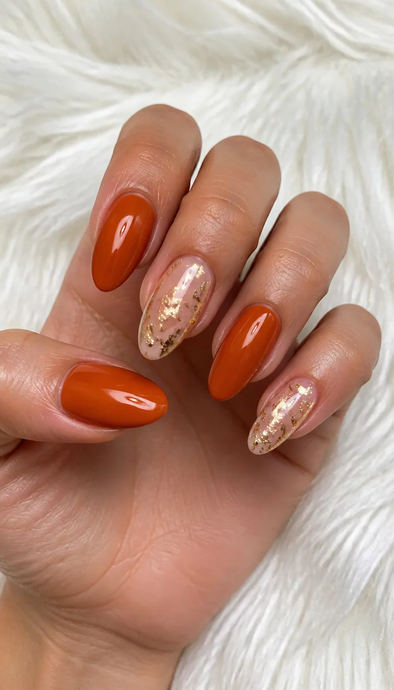 close-up shot of a woman’s hand with five fingers showing almond nails with a burnt orange glossy finish, two nails have a clear base with gold leaf accents, fluffy white surface background.