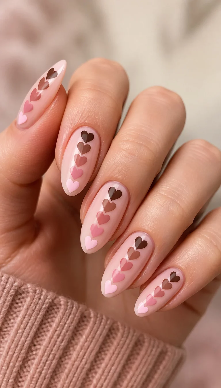 close-up shot of a woman’s hand with five fingers showing almond nails adorned with rows of small hearts in gradient shades of brown and pink, blurred soft-colored surface background.