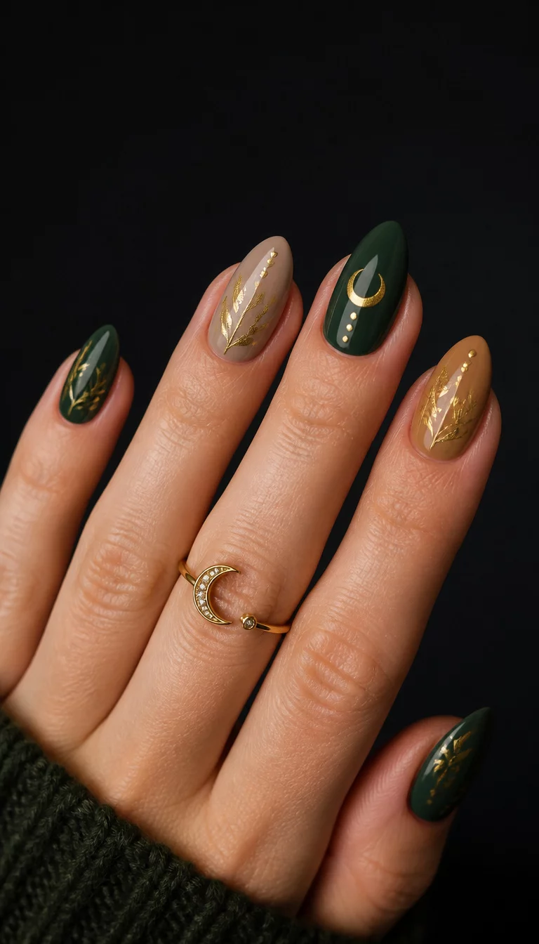 close-up shot of a woman’s hand with five fingers showing almond nails in deep green and tan shades, accented with delicate gold leaf designs, crescent moon ring on finger, dark background.