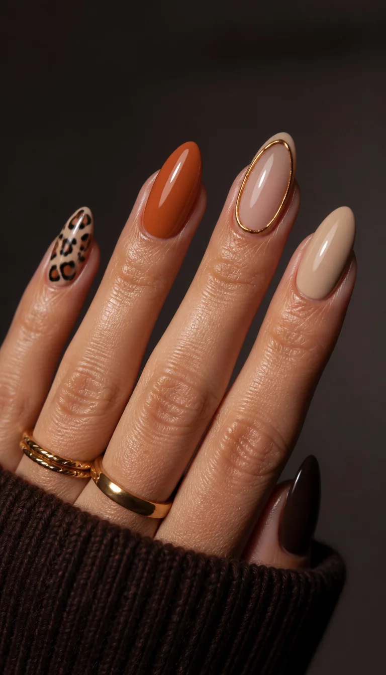 close-up shot of a woman’s hand with five fingers showing almond nails with a mix of designs, leopard print, solid burnt orange, and a neutral base with a gold frame detail, dark blurred background.