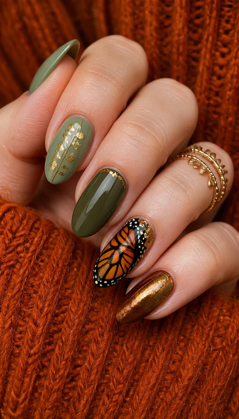 close-up shot of a woman’s hand with five fingers showing almond nails, one featuring a monarch butterfly wing design, others with sage green, olive green, and metallic copper finishes with gold accents, cozy orange sweater background.