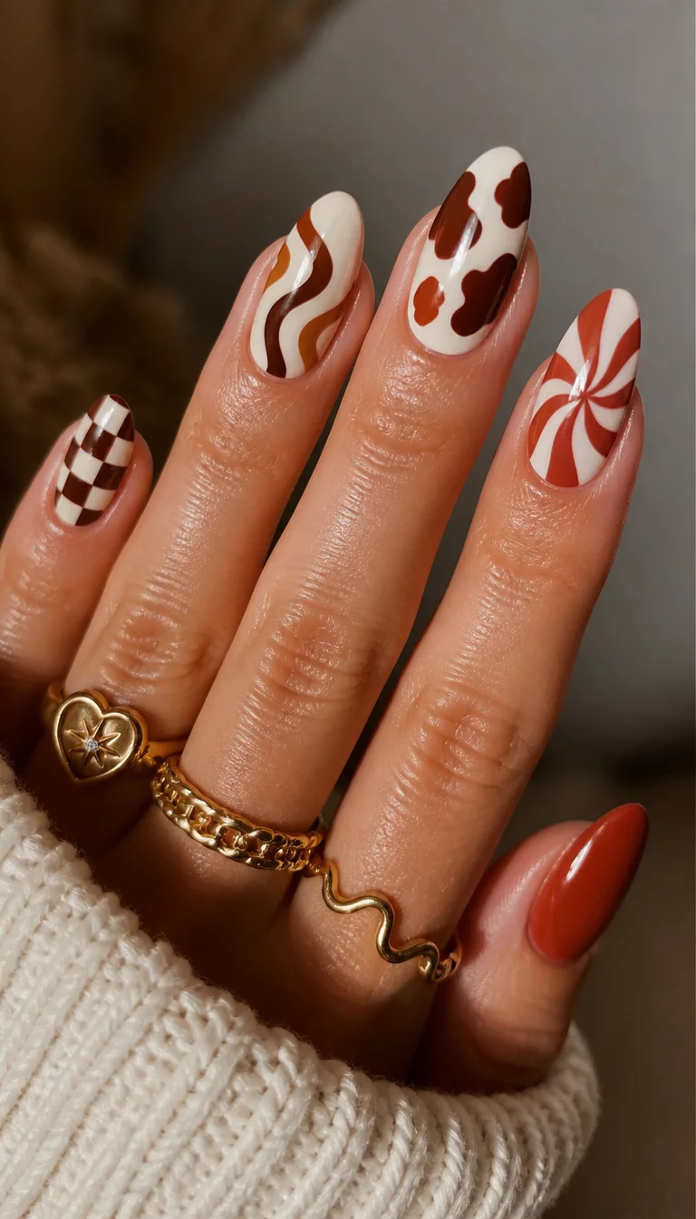 close-up shot of a woman’s hand with five fingers showing almond nails with a trendy retro design, patterns include cow print, swirls, and checkerboards in brown white and terracotta, woman wearing gold rings.