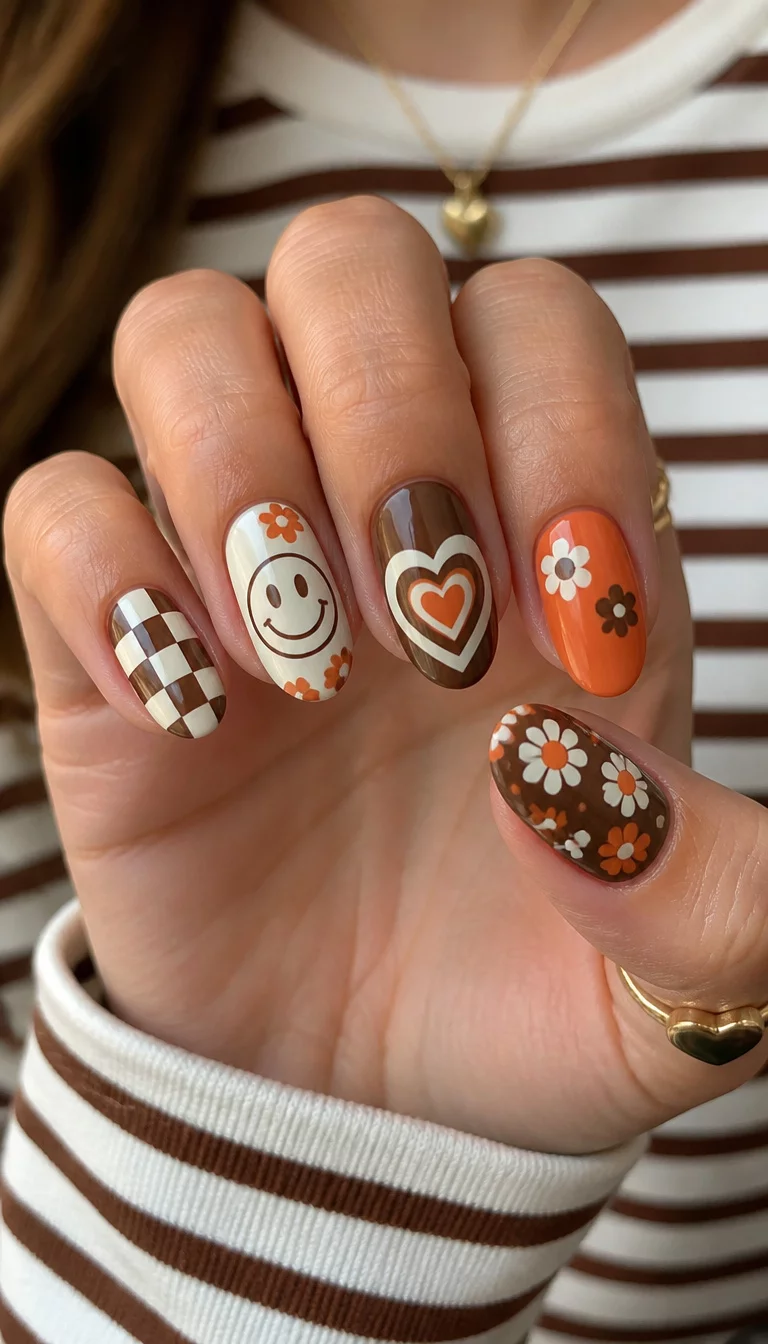 close-up shot of a woman’s hand with five fingers showing almond nails with a retro-inspired design, patterns include checkerboards, smiley faces, hearts, and small flowers in brown, white, and orange tones, woman wearing a striped top.