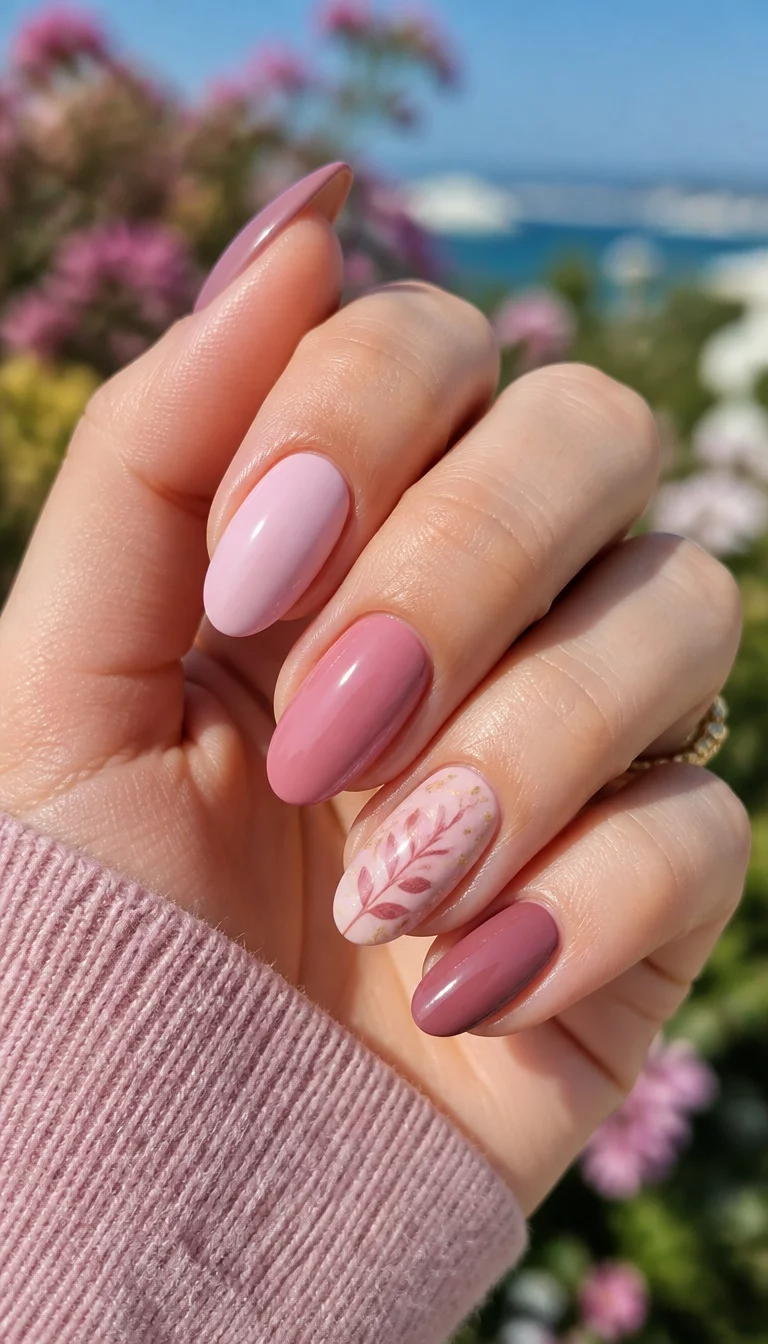 close-up shot of a woman’s hand with five fingers showing almond nails in various shades of pink and mauve, one nail features a delicate leaf design with gold specks, bright outdoor setting background.