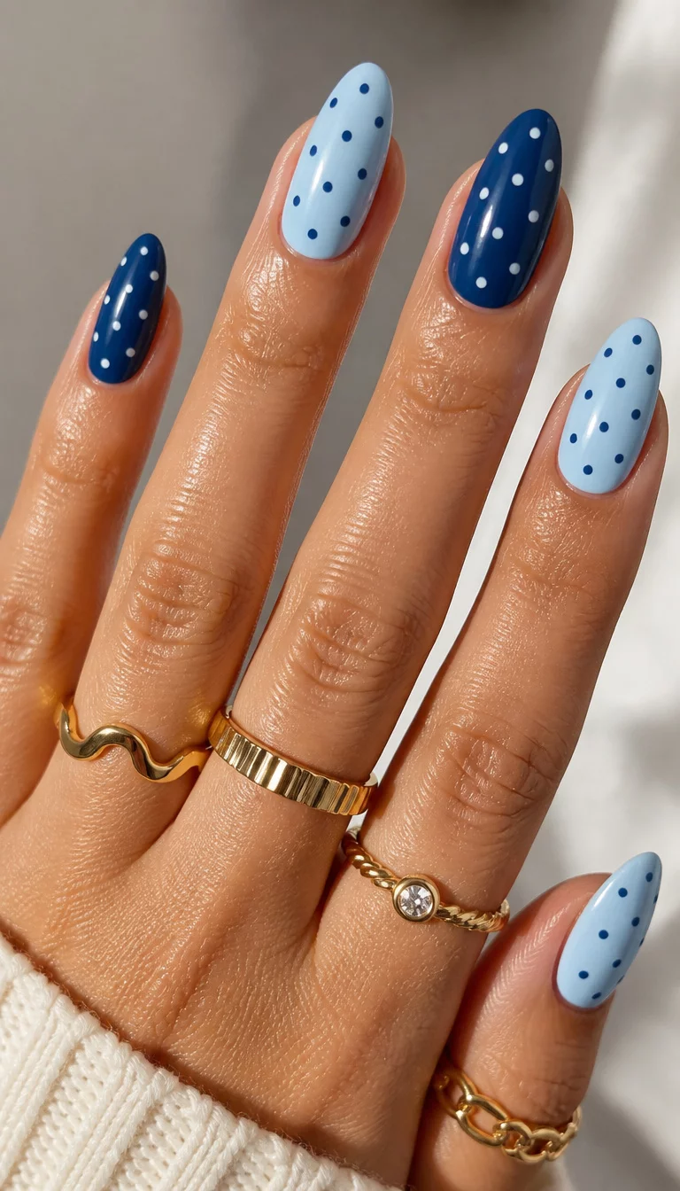 close-up shot of a woman’s hand with five fingers showing almond nails featuring a playful polka dot design in alternating navy and baby blue, woman wearing several distinct gold rings.