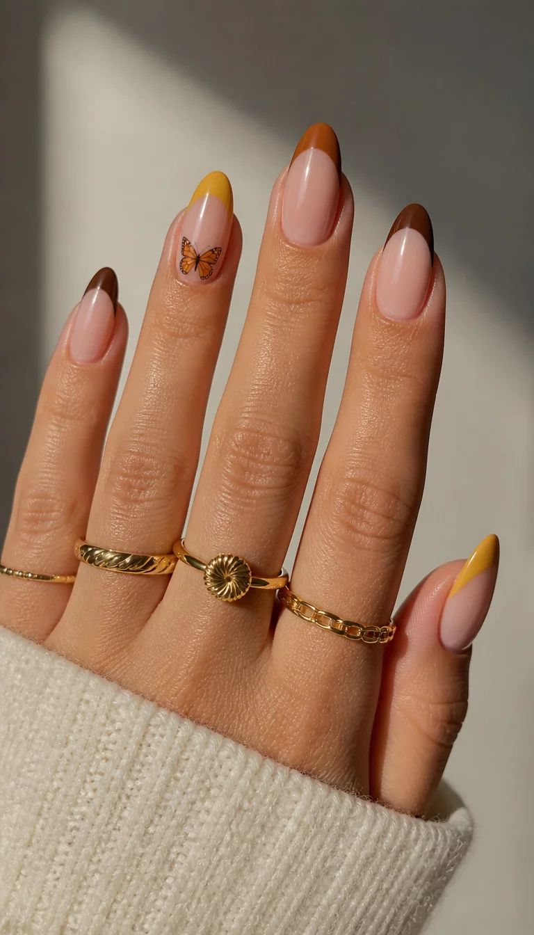 close-up shot of a woman’s hand with five fingers showing almond nails with a French tip in varying shades of brown and mustard yellow, one nail features a small orange butterfly decal, woman wearing multiple gold rings.