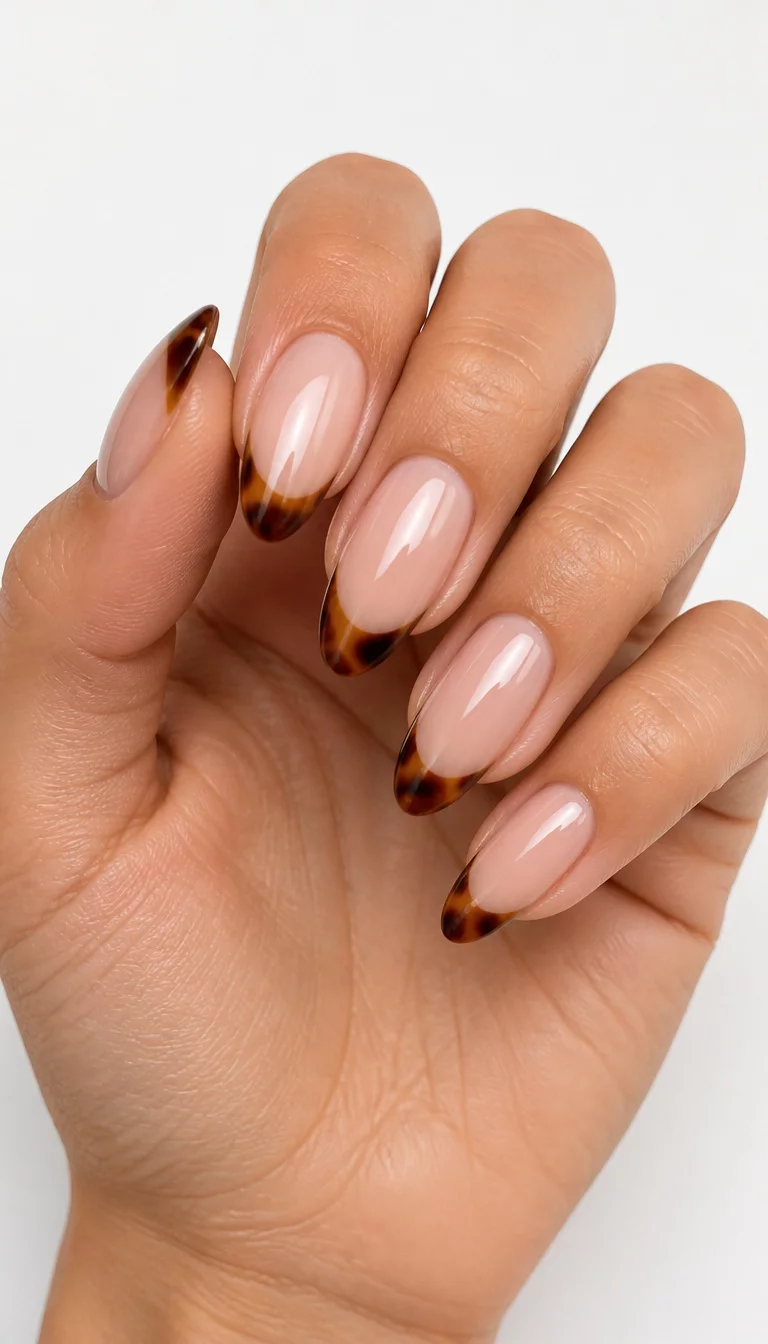 close-up shot of a woman’s hand with five fingers showing almond nails with a glossy brown tortoiseshell-inspired French tip, plain white surface background.