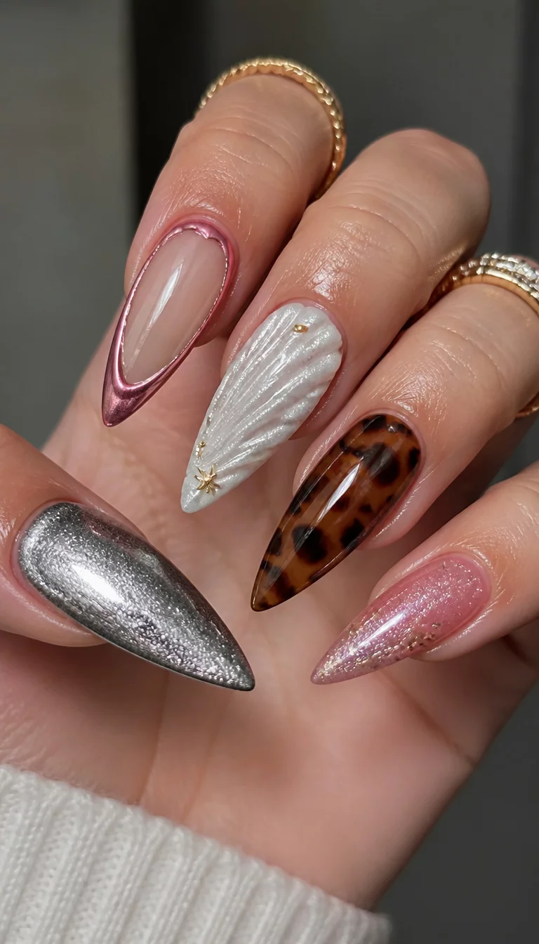 close-up shot of a woman’s hand with five fingers showing stiletto-shaped nails with unique designs including shimmering silver polish, a white shell-like texture, and a tortoise shell pattern, pink accents on some nails.