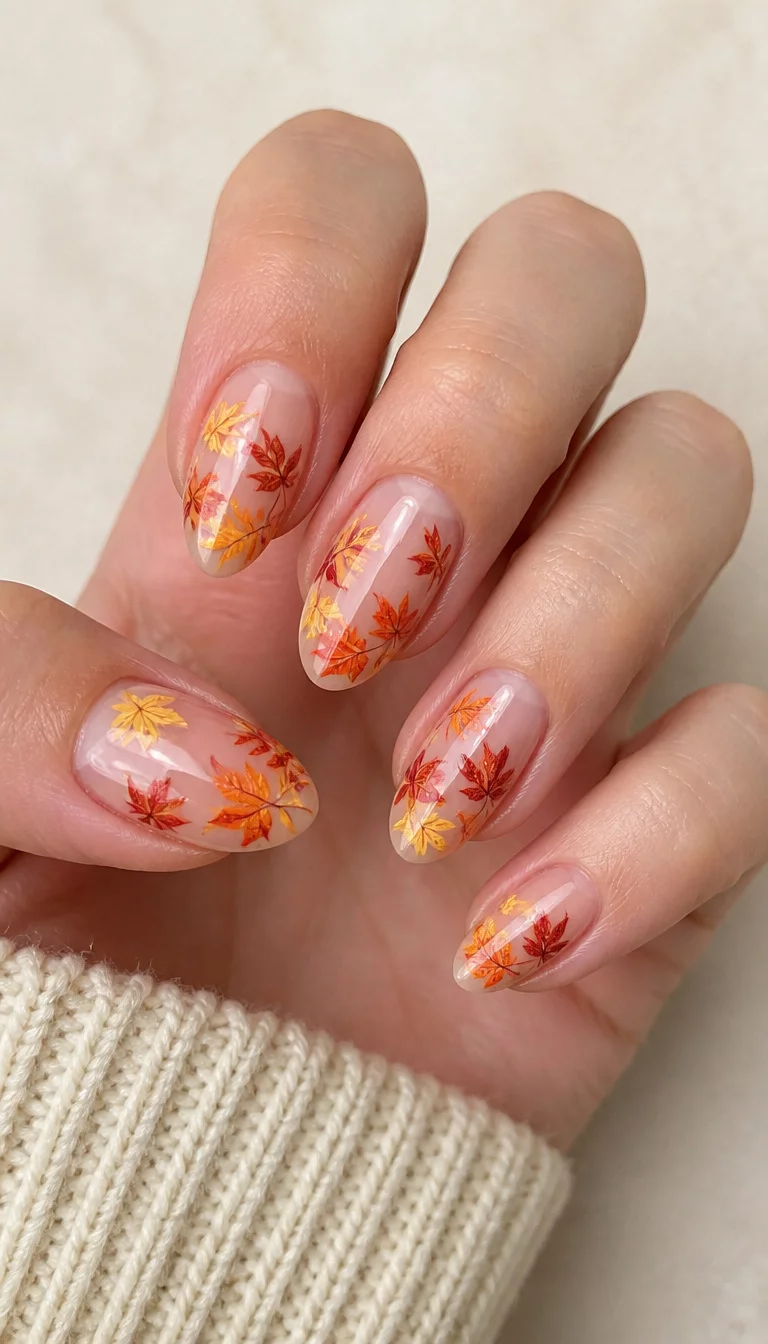close-up shot of a woman’s hand with five fingers showing almond nails with a sheer base and a delicate pattern of colorful fall leaves in yellow, orange, and red, soft light surface background.
