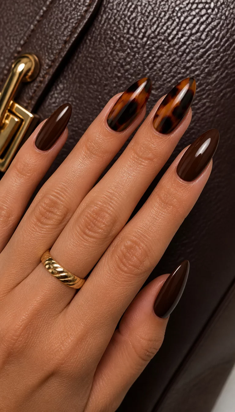 close-up shot of a woman’s hand with five fingers showing stiletto-shaped nails with a dark brown polish, two nails featuring a vibrant tortoiseshell pattern, textured leather bag background.