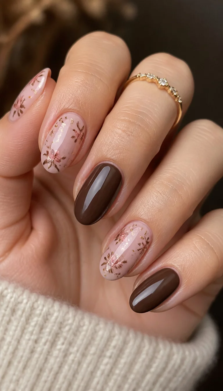 close-up shot of a woman’s hand with five fingers showing oval-shaped nails, some solid dark brown, others with a pink base adorned with delicate floral motifs, delicate sparkly gold ring on finger.