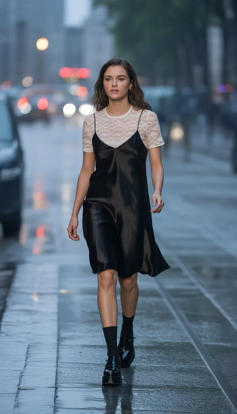 A beautiful 22-year-old woman in a black silk slip dress over a white lace top, black knee-high socks, and black platform shoes, she walks on a grey city sidewalk.