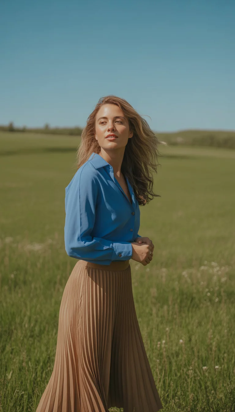 A beautiful 24-year-old woman in a blue button-up shirt and a tan pleated midi skirt, she poses in a sunlit grassy field.