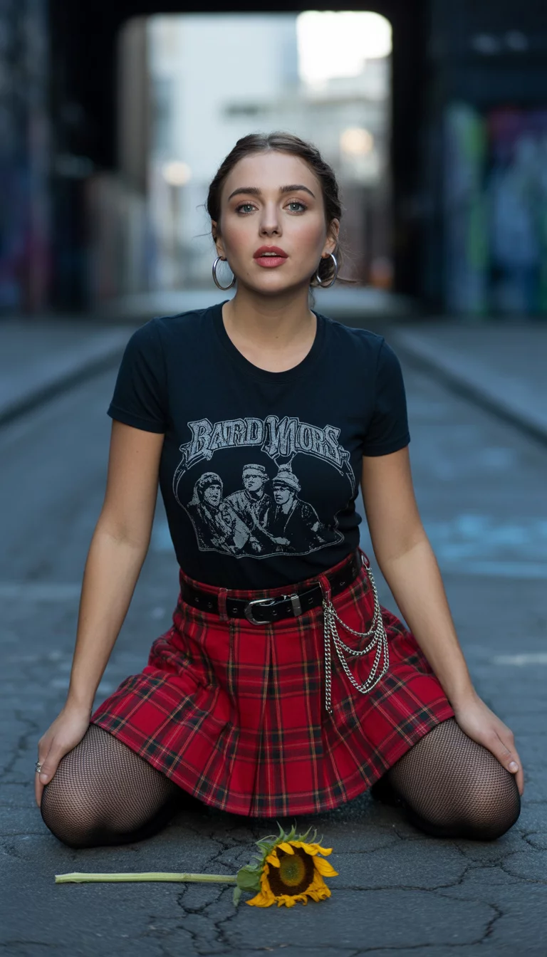A beautiful 22-year-old woman in a red plaid pleated skirt, black graphic t-shirt, silver wallet chains, and distressed black tights.