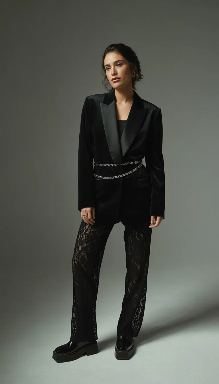 A beautiful 29-year-old woman in a black velvet blazer, silver chain belts, black lace trousers, and black platform boots.