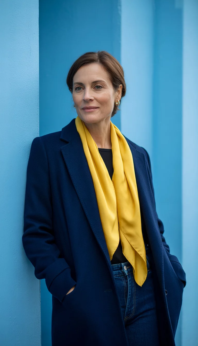 A beautiful 40-year-old woman in a navy blue wool coat, yellow silk scarf, and dark denim jeans, she poses against a bright blue background.