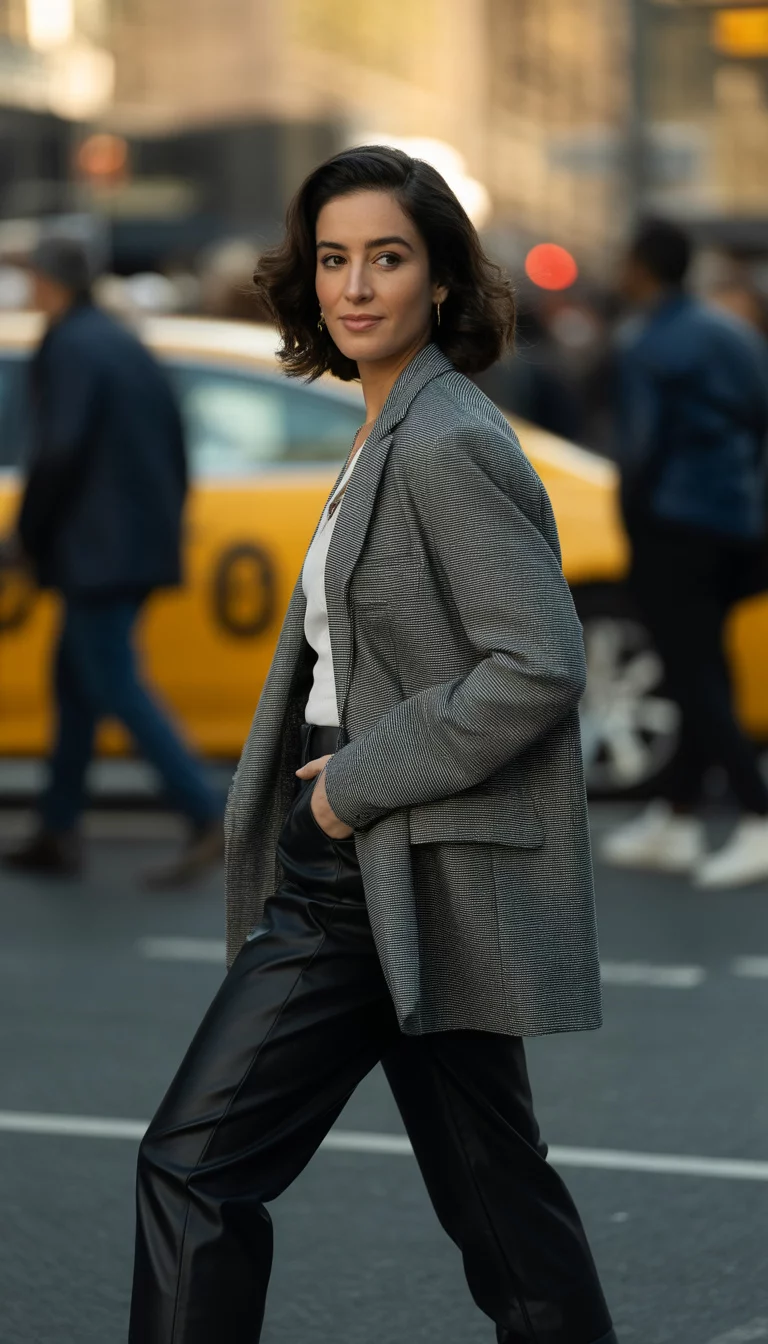 A beautiful 29-year-old woman in a grey oversized blazer, black leather pants, and chunky black boots, she poses on a busy city street.