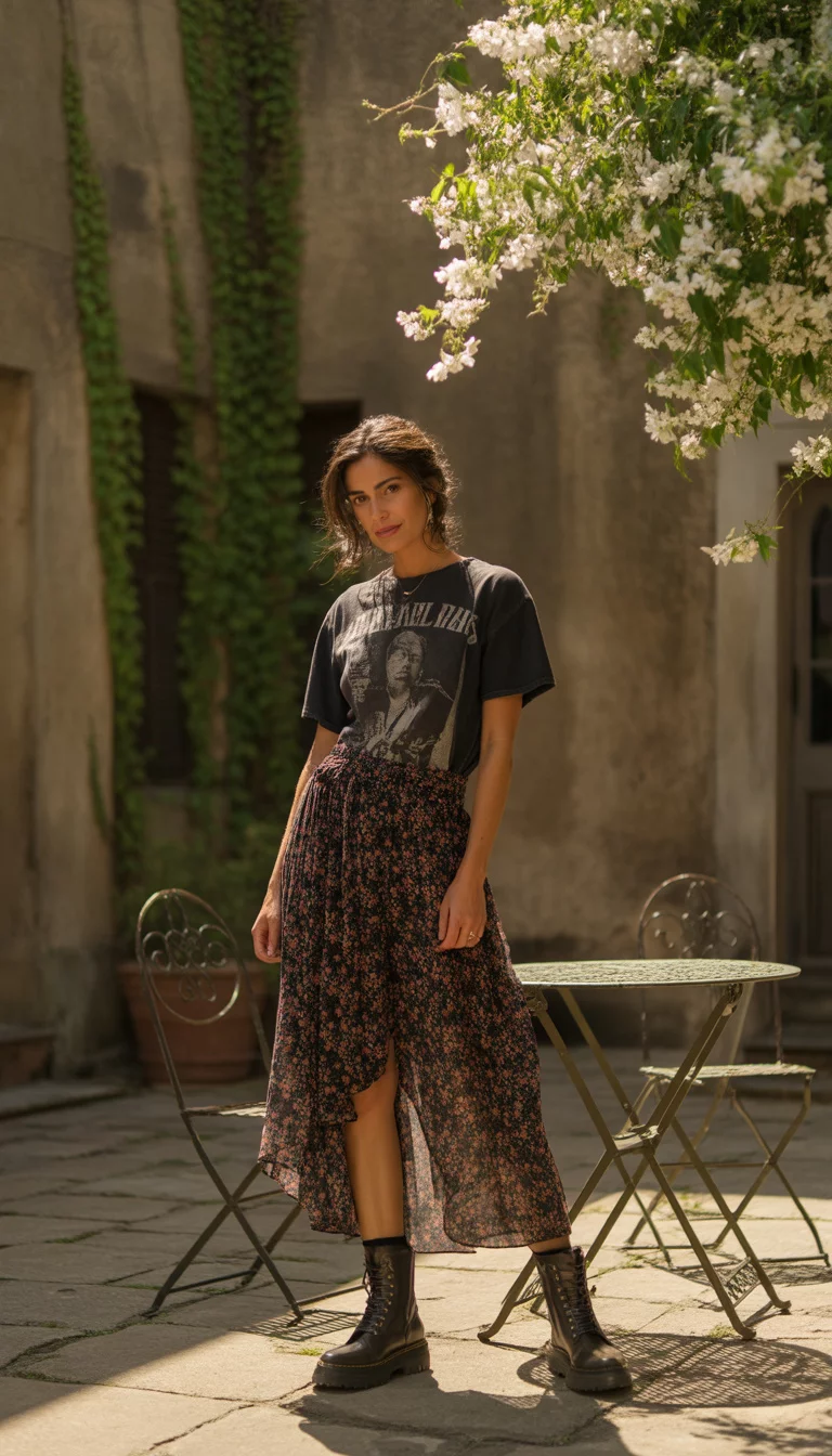 A beautiful 26-year-old woman in a vintage black band t-shirt, a long floral print skirt, and heavy leather combat boots, she stands in a courtyard.