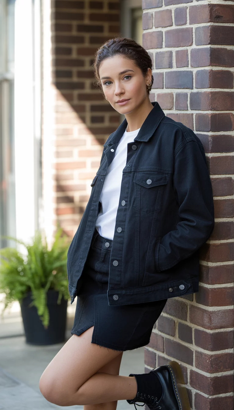 A beautiful 23-year-old woman in a black denim jacket, white t-shirt, black denim mini skirt, and black Dr. Martens boots.