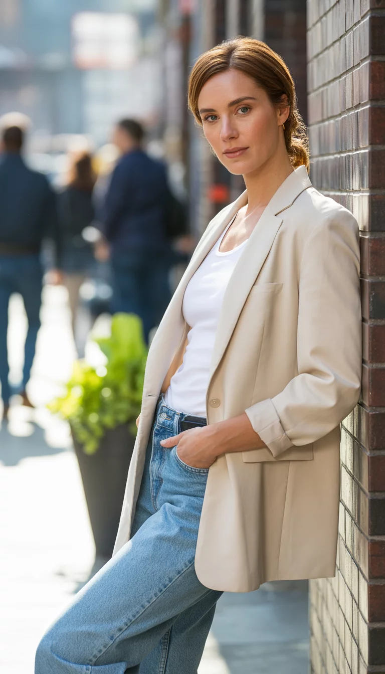 A beautiful 33-year-old woman in an oversized cream blazer, white cotton top, and light blue wide-leg jeans, she poses in an outdoor urban setting.